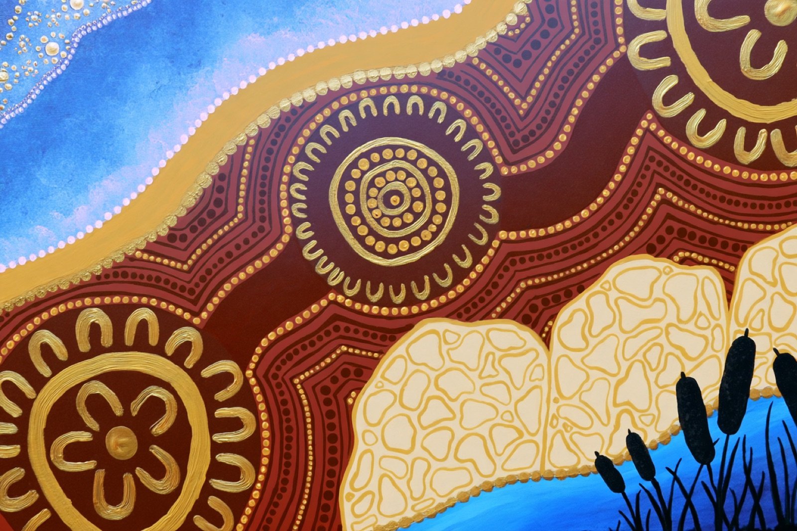 Bush to Beach painting: flowing blue waters, golden meeting circles on deep red-brown earth, cream limestone forms and black bullrushes