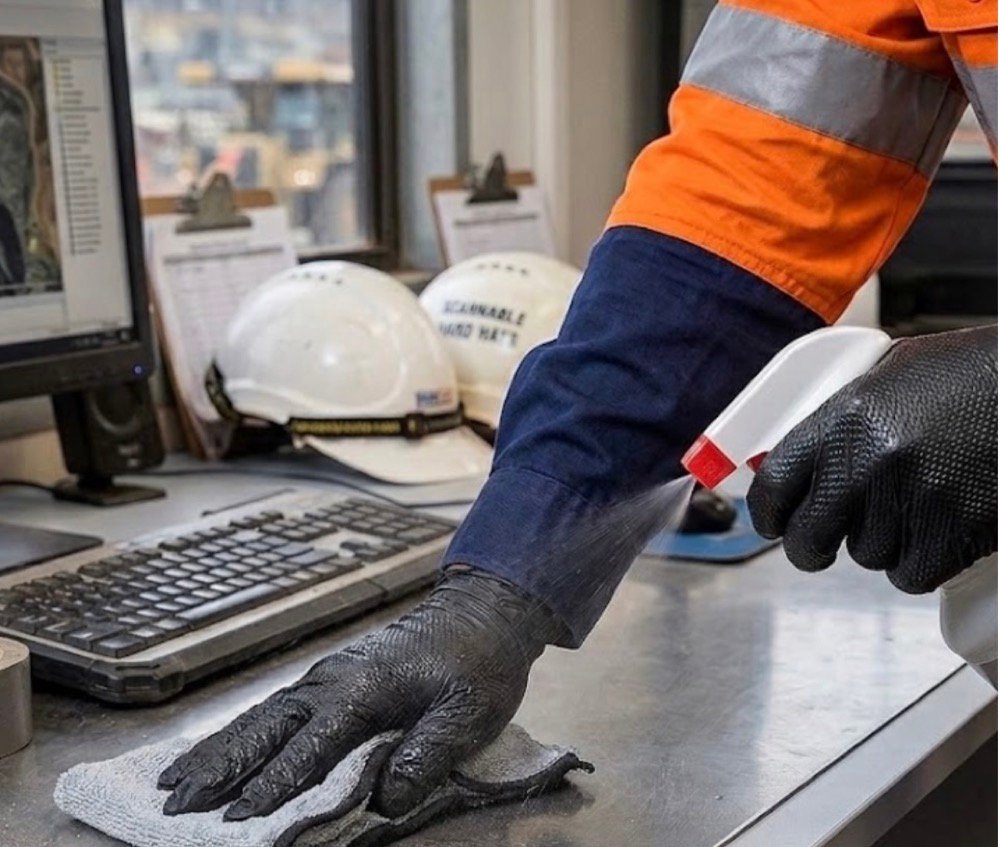 Gloved hand wiping down a site office desk