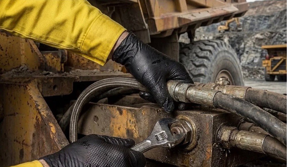 Gloved hands tightening a hydraulic fitting on mining machinery